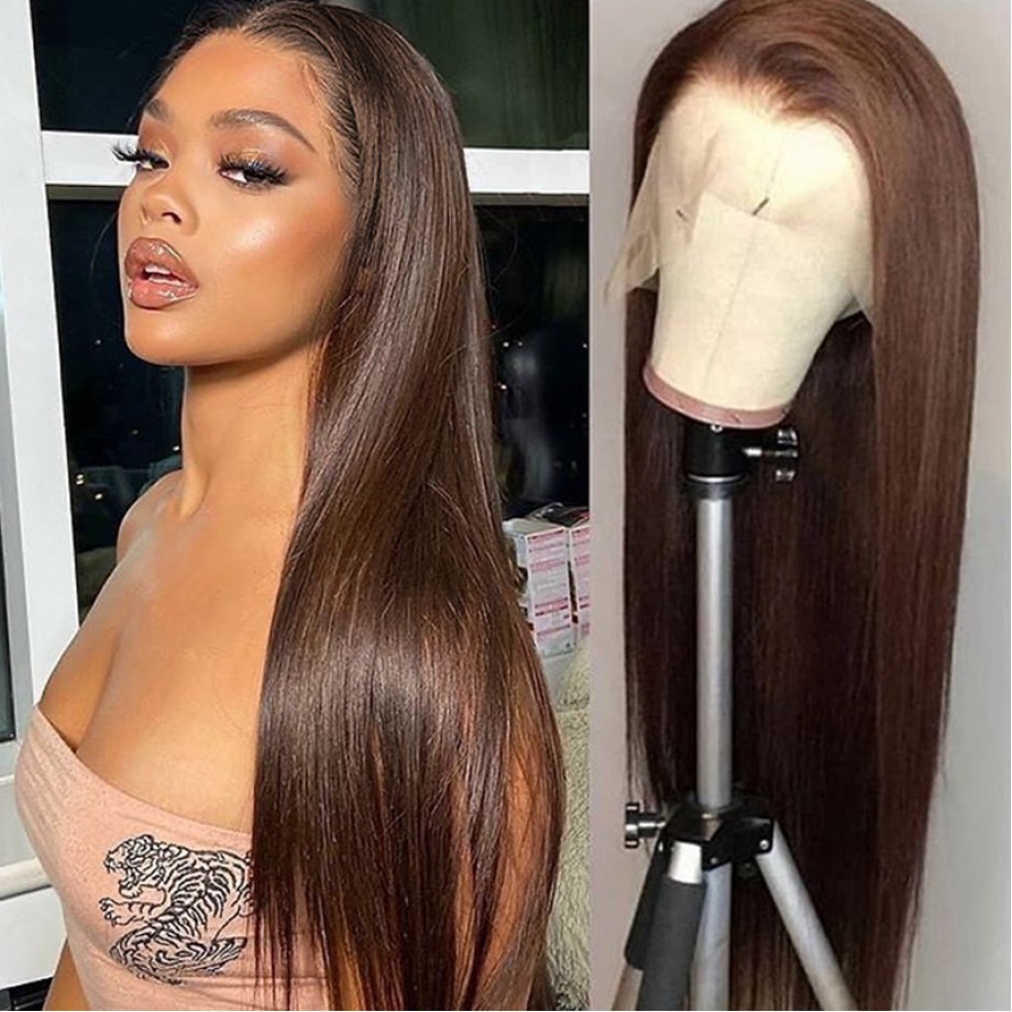 Uglam 13x4 Transparent Lace Front Wigs #2 Brown Color Straight Hair