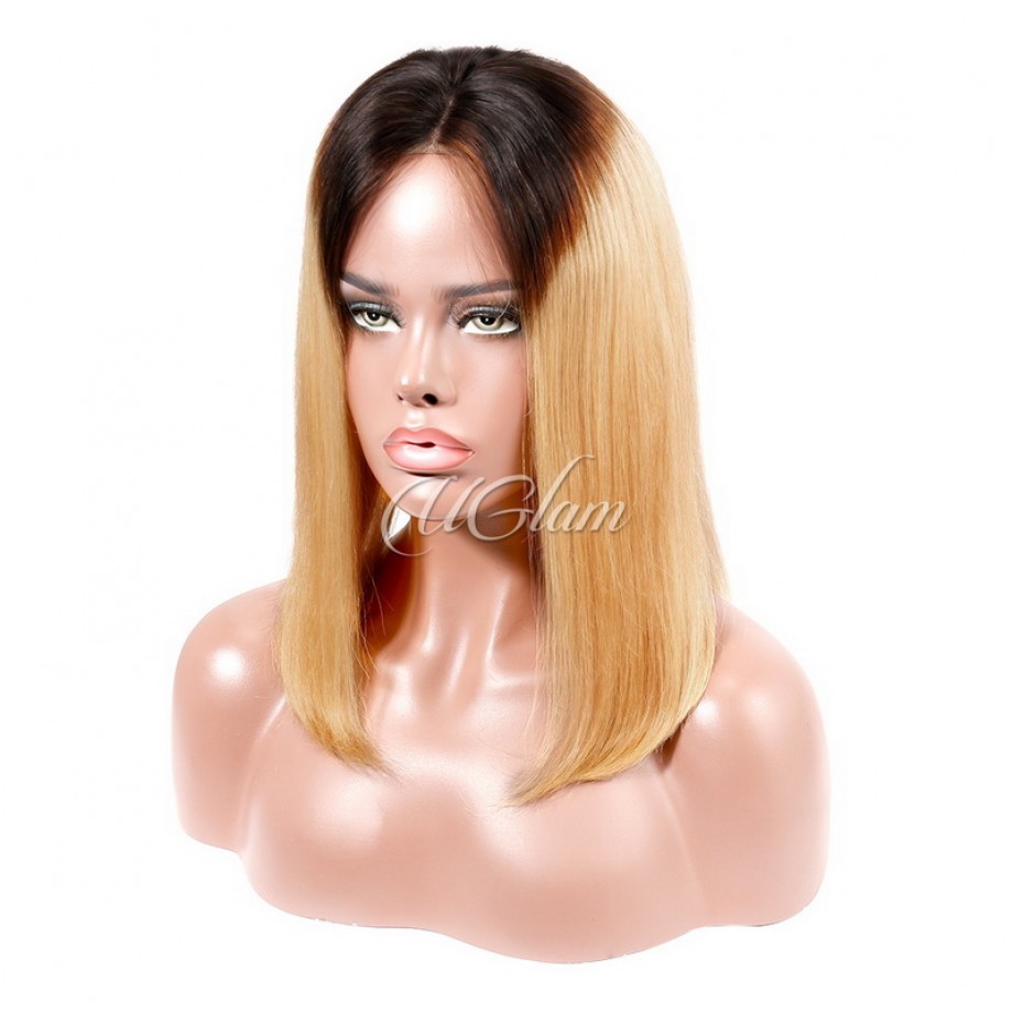 Uglam 13X4 Lace Front Bob Wigs Ombre Black Root #27 Color Straight