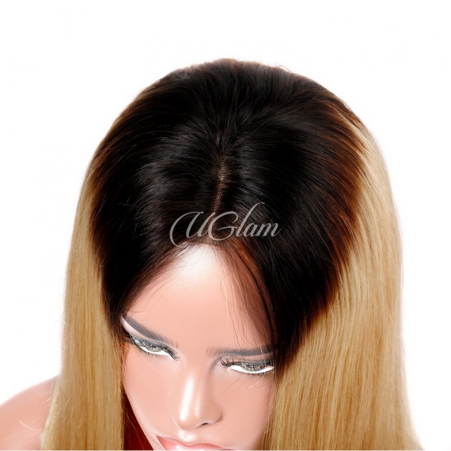 Uglam 13X4 Lace Front Bob Wigs Ombre Black Root #27 Color Straight