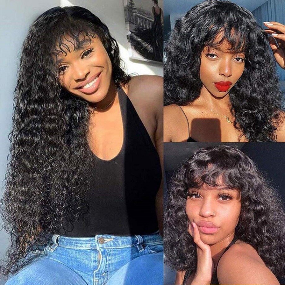 Uglam Machine Made Wigs Deep Wave With Bangs