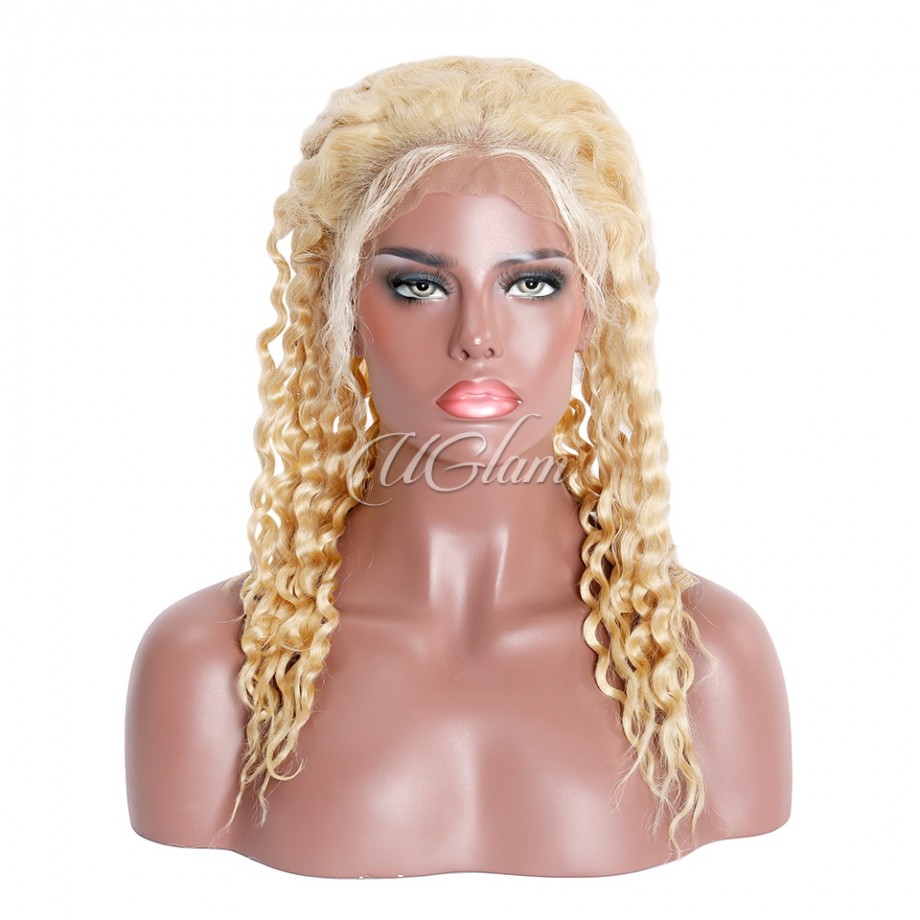Uglam Transparent Full Lace Wigs 613 Honey Blonde Color Deep Wave
