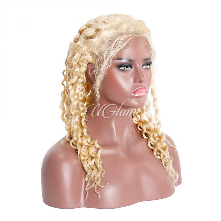 Uglam Transparent Full Lace Wigs 613 Honey Blonde Color Deep Wave