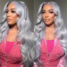 Uglam Sliver Grey Color 13x4 Lace Front Wig Body Wave Humanhair