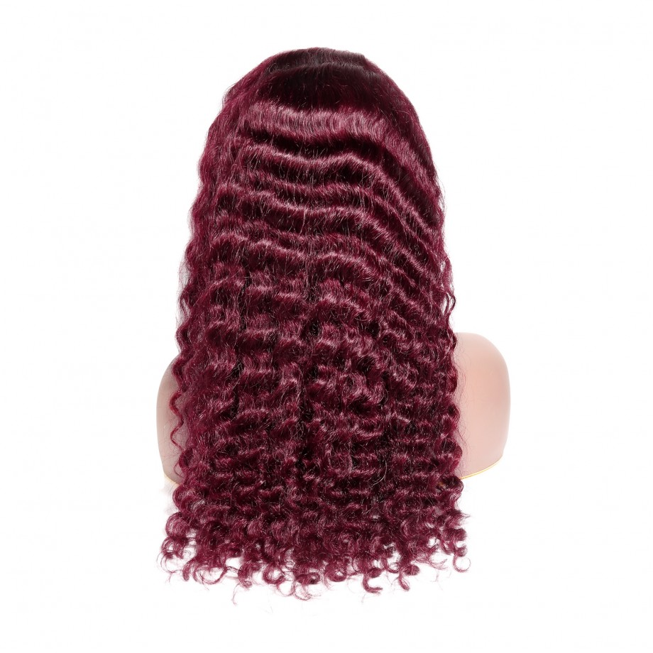 Uglam Lace Front Wig 99J Wine Color Deep Wave Wig