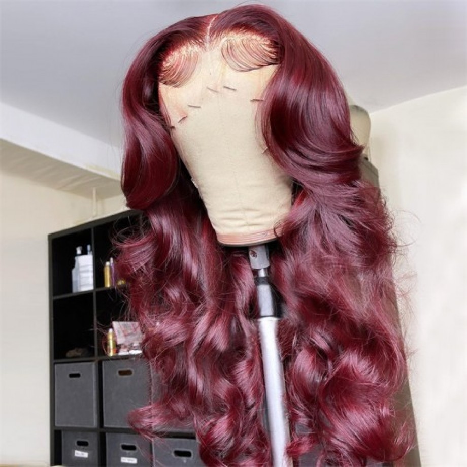 Uglam Lace Front Wig 99J Wine Color Body Wave Wig