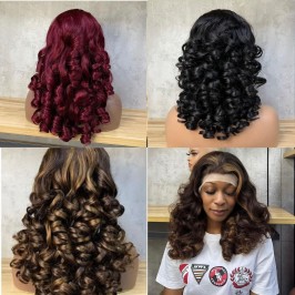 Uglam Double Drawn Bouncy Curly loose wave 13x4 Transparent Lace Full Frontal Wig 250% Density