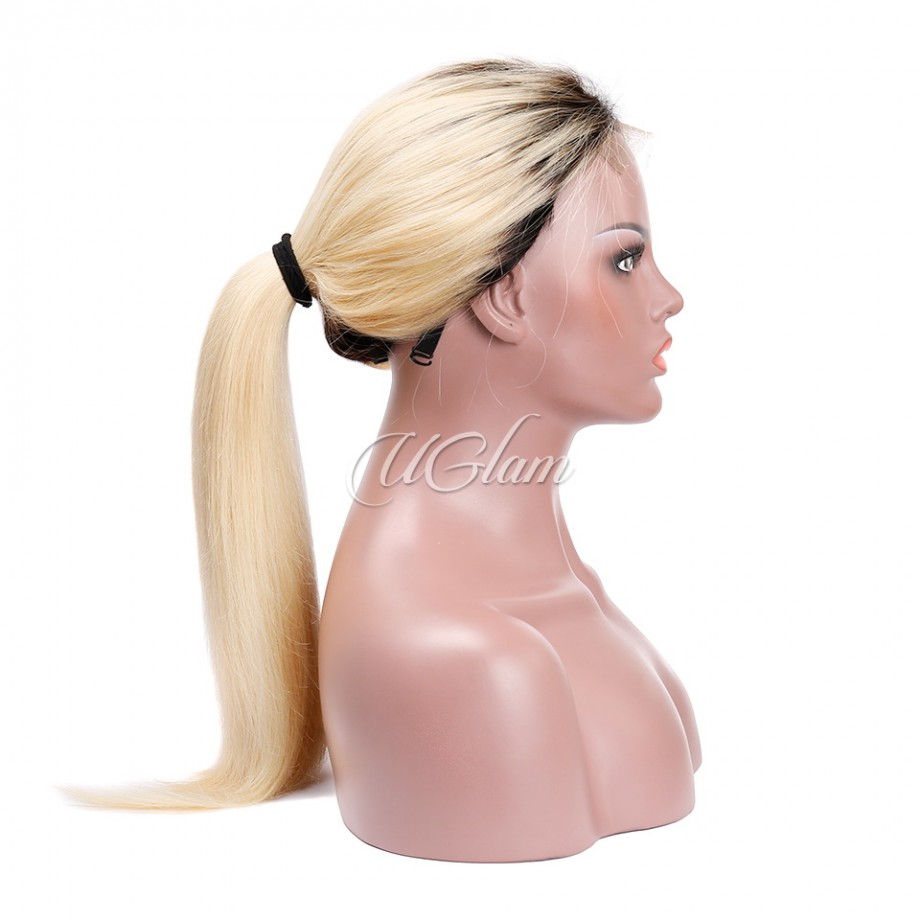 Uglam Closure Wig 1B/613 Color Straight Hair Made By Hair Weave With 4x4 Lace Closure