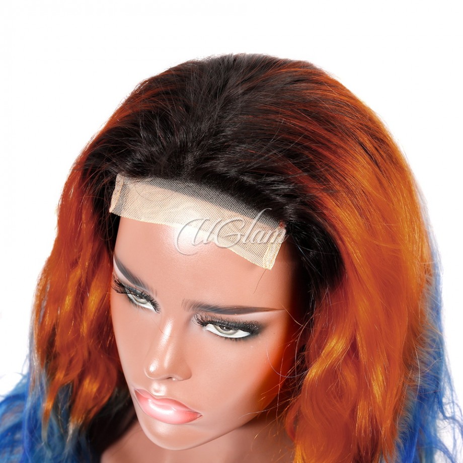 Cheap Machine Wigs Ombre Orange To Light Blue Body Wave Hair