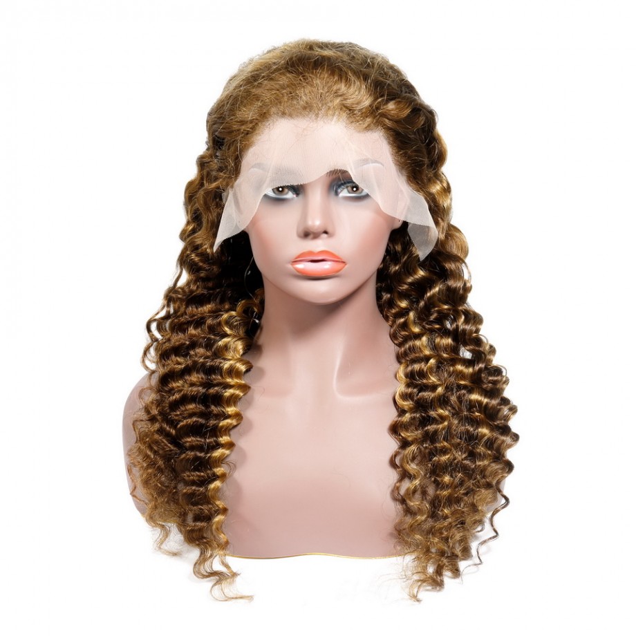 Virgin 13X4 Lace Front Piano Highlight #4/27 Color Deep Wave Human Hair Wig 
