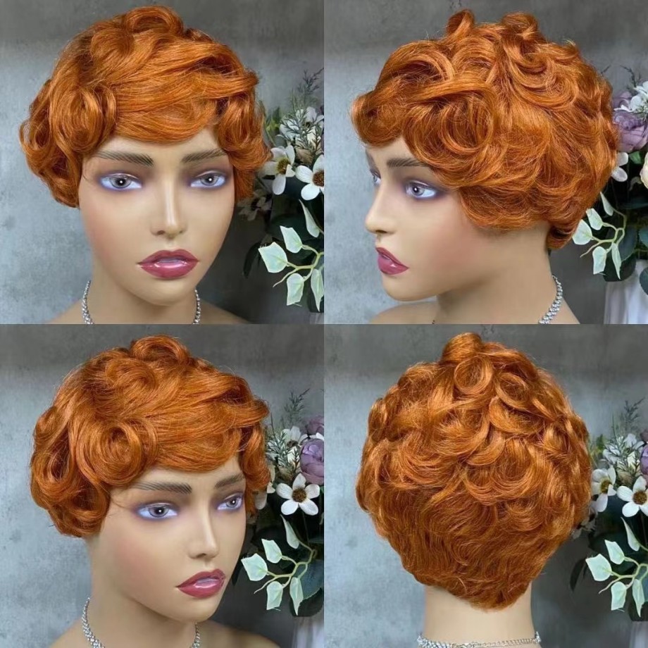 Uglam Pixie Cut Human Hair Orange Color Machine Made Wig 