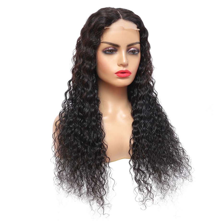 Virgin 4X4 Medium Lace Closure Deep Wave Human Hair Wig 180% Density
