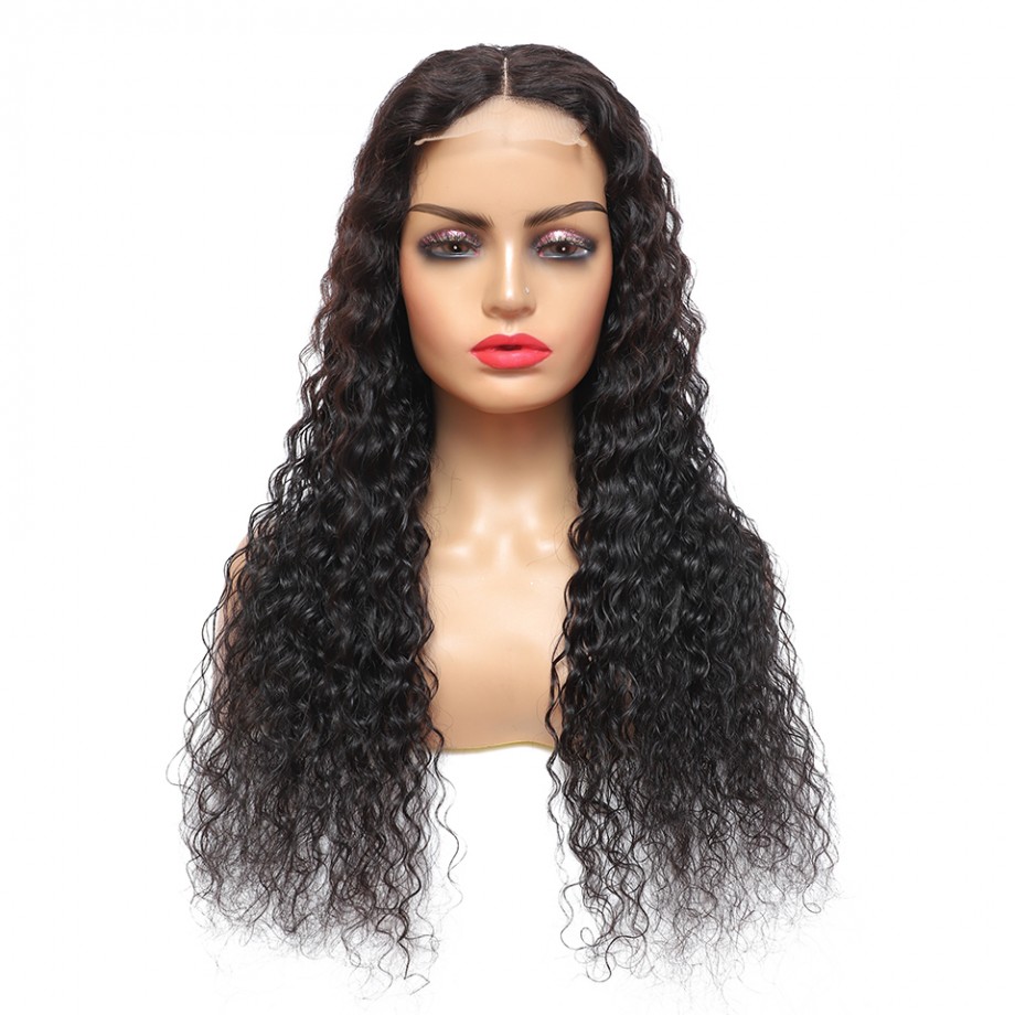 Virgin 4X4 Medium Lace Closure Deep Wave Human Hair Wig 180% Density