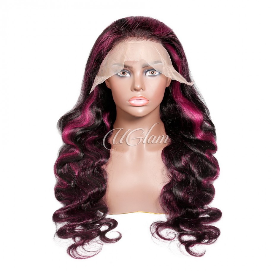Uglam 13X4 Lace Front Wig Purple Highlight Body Wave