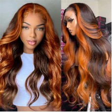 Highlight Ombre Lace Front Wig Human Hair Ginger Brown Mix  13x4  Lace Frontal Wigs 