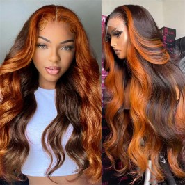 Highlight Ombre Lace Front Wig Human Hair Ginger Brown Mix  13x4  Lace Frontal Wigs 