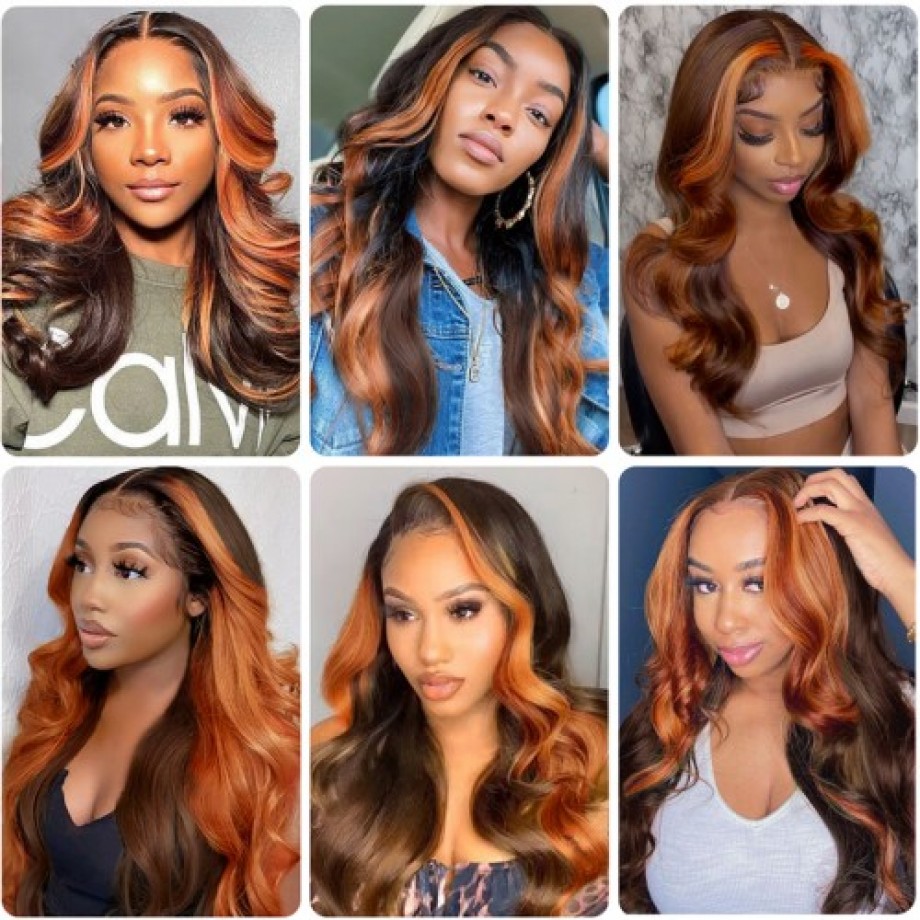 Highlight Ombre Lace Front Wig Human Hair Ginger Brown Mix  13x4  Lace Frontal Wigs 