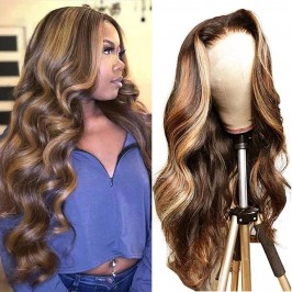 Virgin 13X4 Lace Front Piano Highlight #4/27 Color Body Wave Human Hair Wig