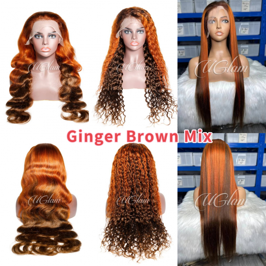 Highlight Ombre Lace Front Wig Human Hair Ginger Brown Mix  13x4  Lace Frontal Wigs 